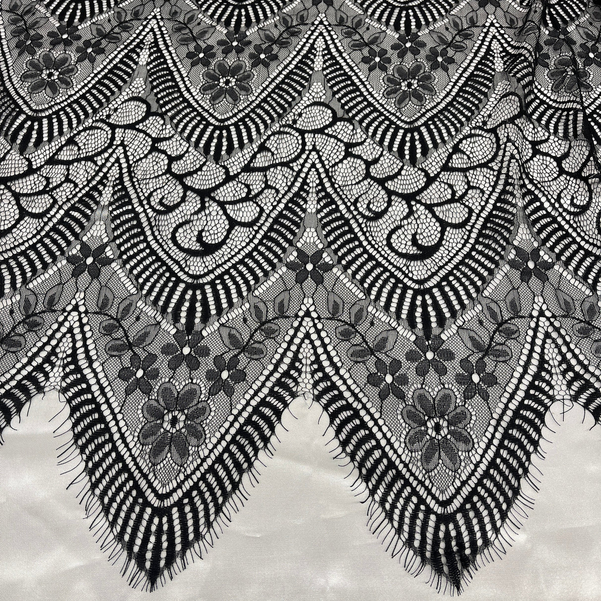 Embroidered Chantilly Lace Fabric with Eyelash Scallop