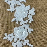 Beaded Corded Floral 3D Lace Applique Polyester Fabric - Gold, Silver, Ivory, White, 14" X 3" Wide Each Side (1 Pair)