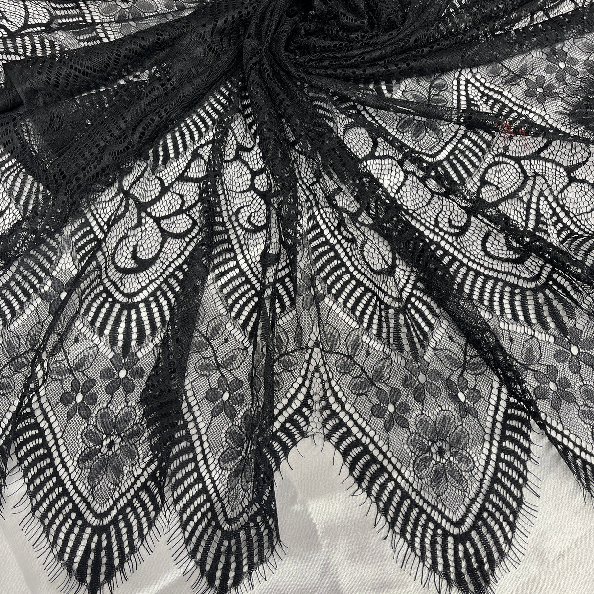 Embroidered Chantilly Lace Fabric with Eyelash Scallop