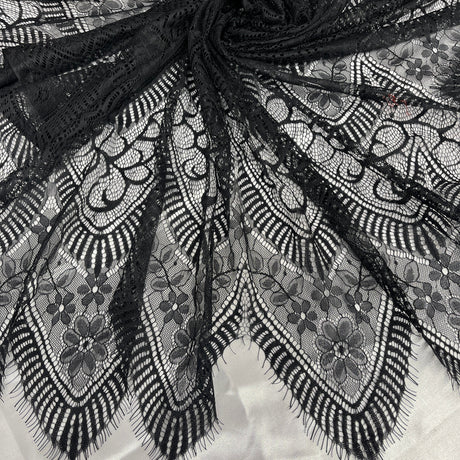 Embroidered Chantilly Lace Fabric with Eyelash Scallop