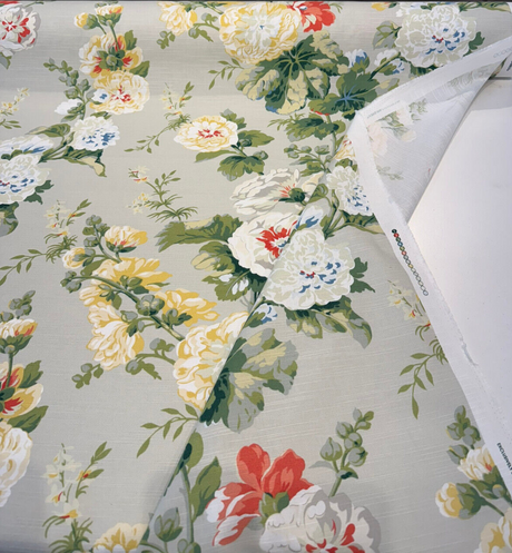 Waverly Alcea Poppy 100 Percent Cotton Fabric - Floral Print, Poppy Red, Dusk Blue, Fern, Golden, White, 54" Width (1 Yard)