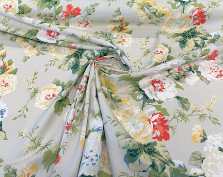 Waverly Alcea Poppy 100 Percent Cotton Fabric - Floral Print, Poppy Red, Dusk Blue, Fern, Golden, White, 54" Width (1 Yard)