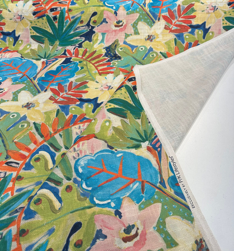 Waverly Thriving Jungle Floral Cotton Linen Fabric - Jungle Floral, Beige Background, 54" Width (1 Yard)