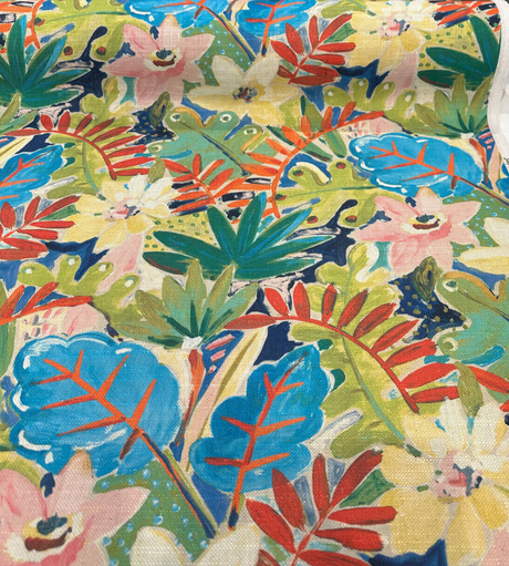 Waverly Thriving Jungle Floral Cotton Linen Fabric - Jungle Floral, Beige Background, 54" Width (1 Yard)