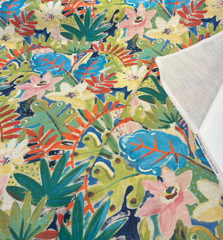 Waverly Thriving Jungle Floral Cotton Linen Fabric - Jungle Floral, Beige Background, 54" Width (1 Yard)