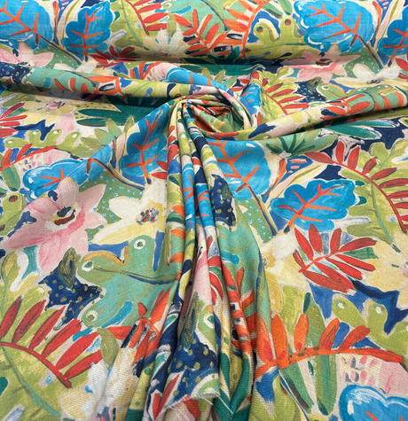 Waverly Thriving Jungle Floral Cotton Linen Fabric - Jungle Floral, Beige Background, 54" Width (1 Yard)