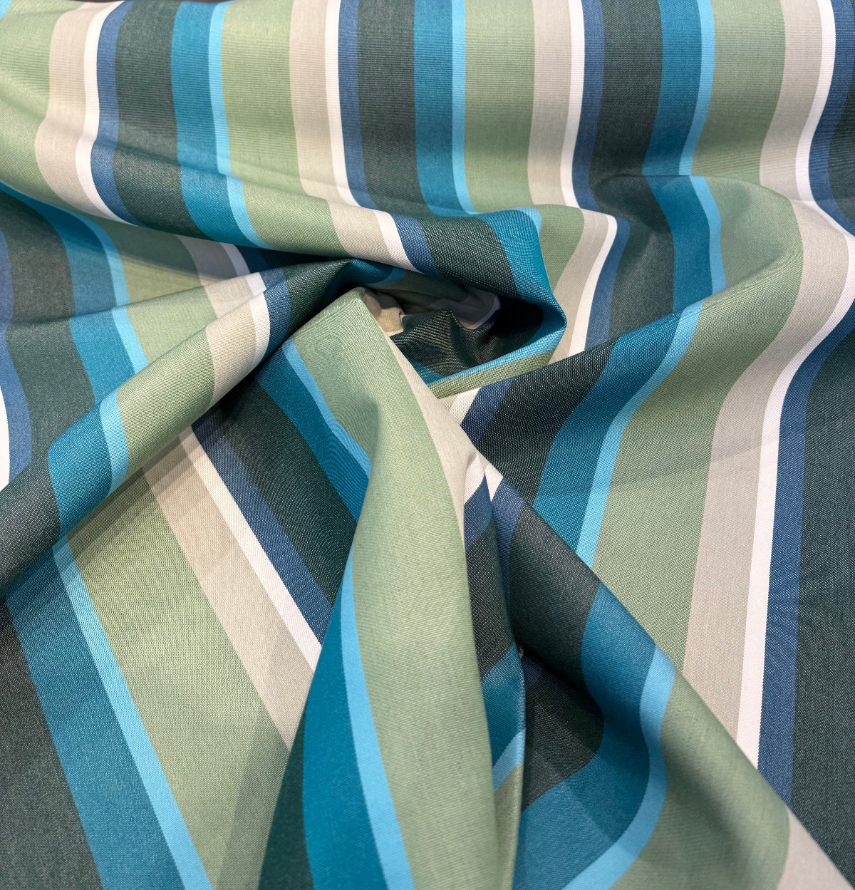 Sunbrella Beaming Lagoon Stripe 100 Percent Solution Dyed Acrylic Fabric - Lagoon Blue/Teal/Forest Green/Olive Green/Ivory Stripes, 54" Width (1 Yard)