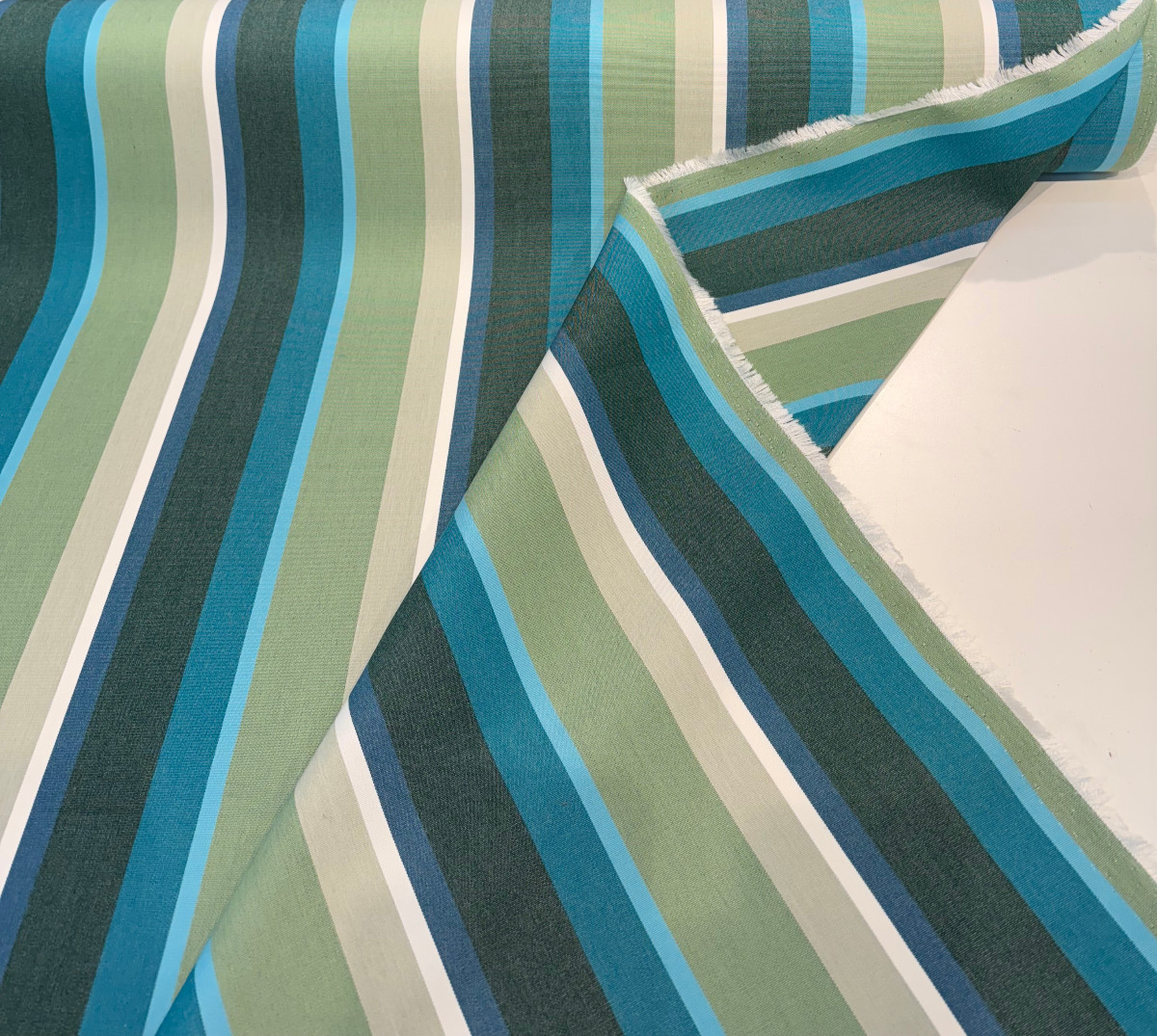 Sunbrella Beaming Lagoon Stripe 100 Percent Solution Dyed Acrylic Fabric - Lagoon Blue/Teal/Forest Green/Olive Green/Ivory Stripes, 54" Width (1 Yard)