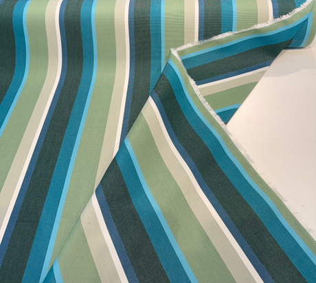 Sunbrella Beaming Lagoon Stripe 100 Percent Solution Dyed Acrylic Fabric - Lagoon Blue/Teal/Forest Green/Olive Green/Ivory Stripes, 54" Width (1 Yard)