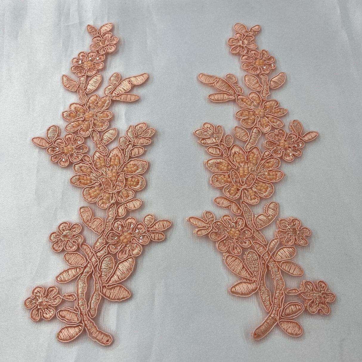 1 Pair Beaded & Corded Floral Lace Applique 10" x 2" Each Side
