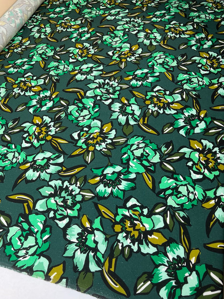 Linen Viscose Floral Print Green Black