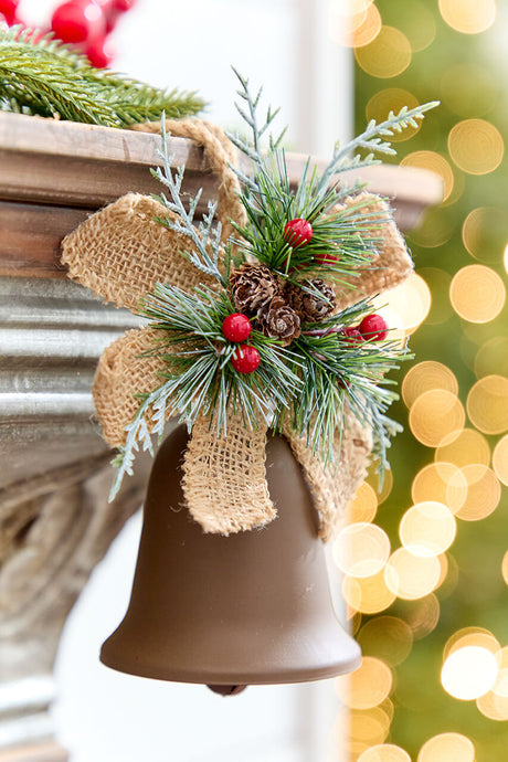 4" Holly & Pinecone Metal Bell Ornament