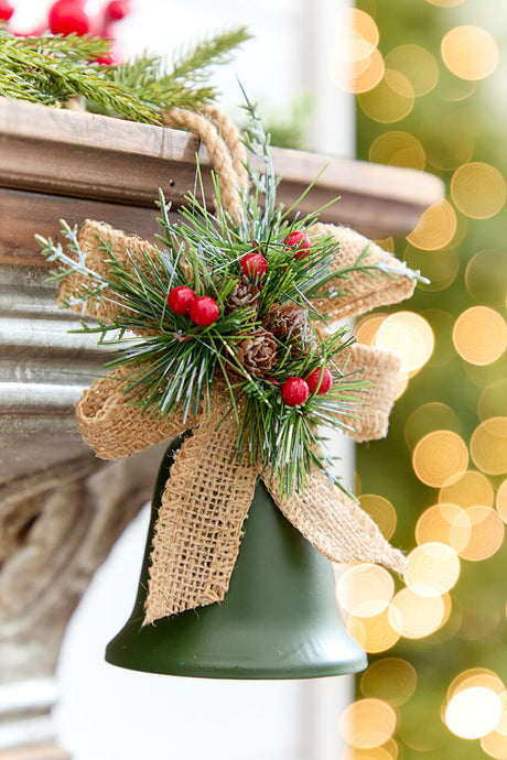 4" Holly & Pinecone Metal Bell Ornament