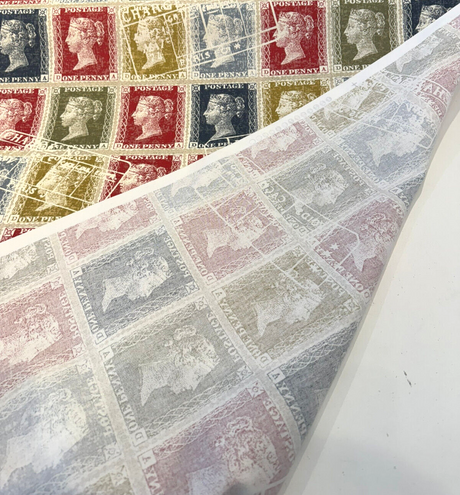 Richloom Vintage Stamps Cotton Fabric - Antique Red, Navy Blue, Olive Green, Golden Tan, Ivory Cream, Charcoal Gray, Postage Stamp Pattern, 54" Width (1 Yard)