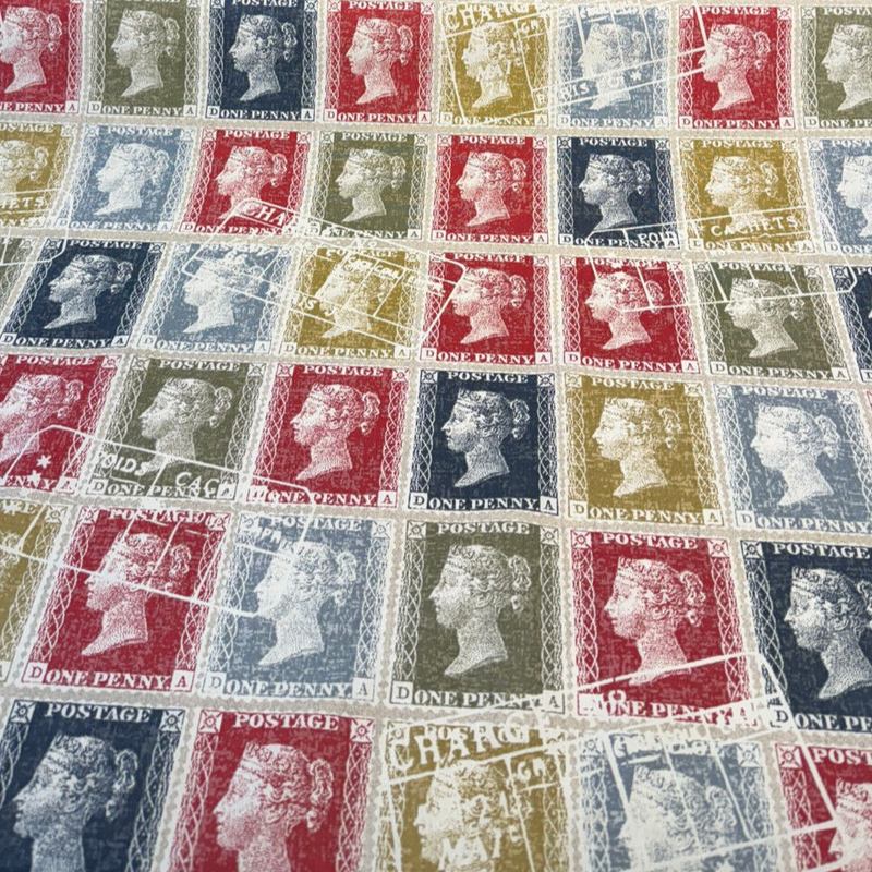 Richloom Vintage Stamps Cotton Fabric - Antique Red, Navy Blue, Olive Green, Golden Tan, Ivory Cream, Charcoal Gray, Postage Stamp Pattern, 54" Width (1 Yard)