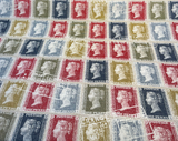 Richloom Vintage Stamps Cotton Fabric - Antique Red, Navy Blue, Olive Green, Golden Tan, Ivory Cream, Charcoal Gray, Postage Stamp Pattern, 54" Width (1 Yard)