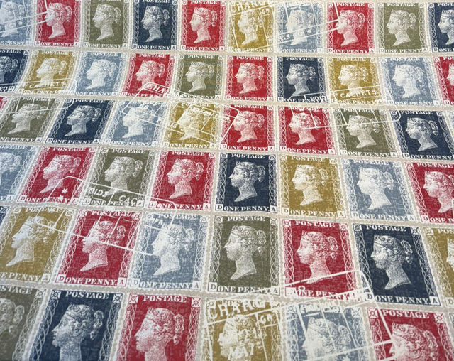 Richloom Vintage Stamps Cotton Fabric - Antique Red, Navy Blue, Olive Green, Golden Tan, Ivory Cream, Charcoal Gray, Postage Stamp Pattern, 54" Width (1 Yard)