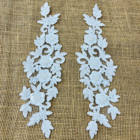1 Pair 11" x 3" Each Side Beaded & Corded Floral 3D Lace Applique 100% Polyester Net Mesh