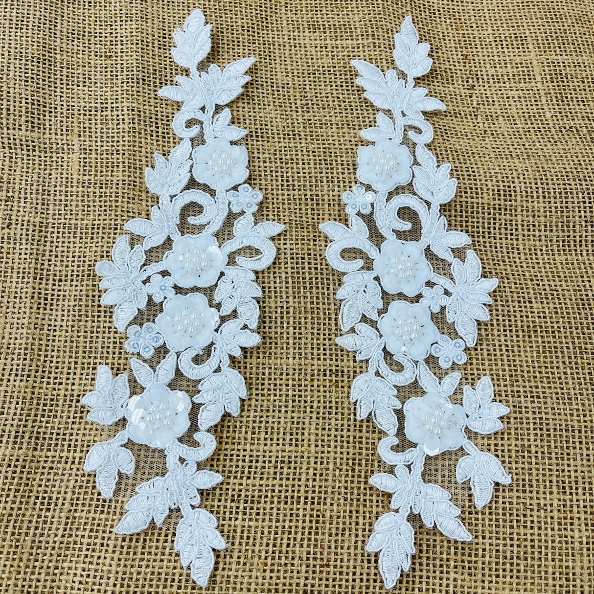 Beaded Corded Floral 3D Lace Applique Polyester Fabric - Floral Embroidered Net Mesh, 11" X 3" Wide Each Side (1 Pair)
