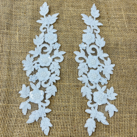 Beaded Corded Floral 3D Lace Applique Polyester Fabric - Floral Embroidered Net Mesh, 11" X 3" Wide Each Side (1 Pair)