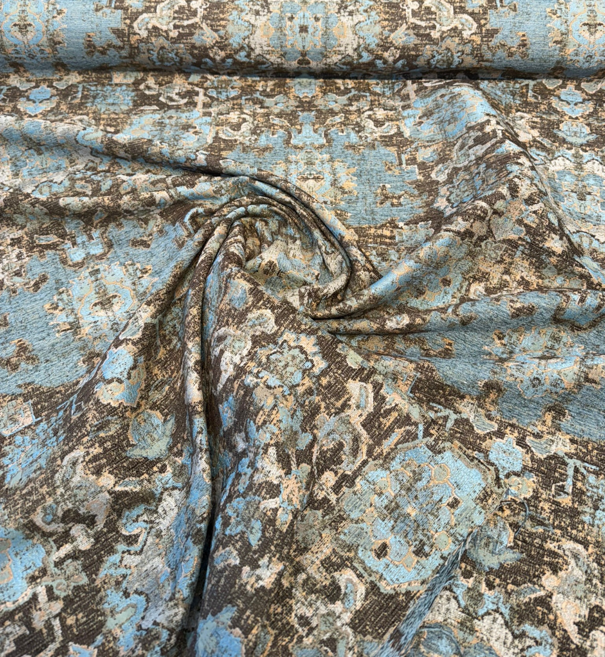 Swavelle Pardesh Chenille Fabric - Vintage Seafoam Brown Distressed Medallion, 58.25" Width (1 Yard)