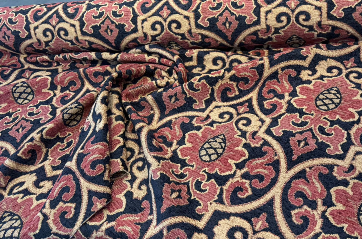 Samad Chenille Upholstery Fabric - Crimson Red Black Medallion, 56" Width (1 Yard)