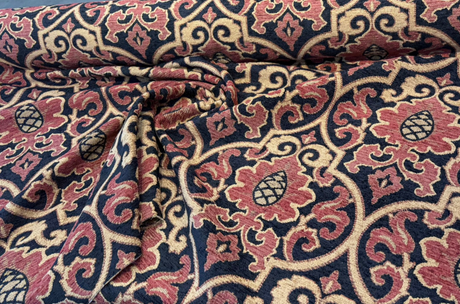 Samad Chenille Upholstery Fabric - Crimson Red Black Medallion, 56" Width (1 Yard)