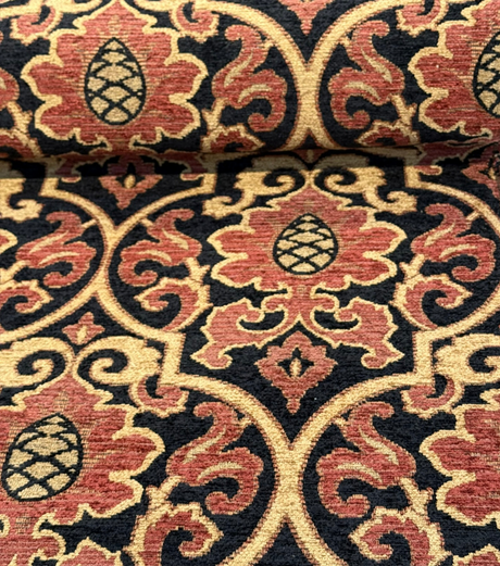 Samad Chenille Upholstery Fabric - Crimson Red Black Medallion, 56" Width (1 Yard)
