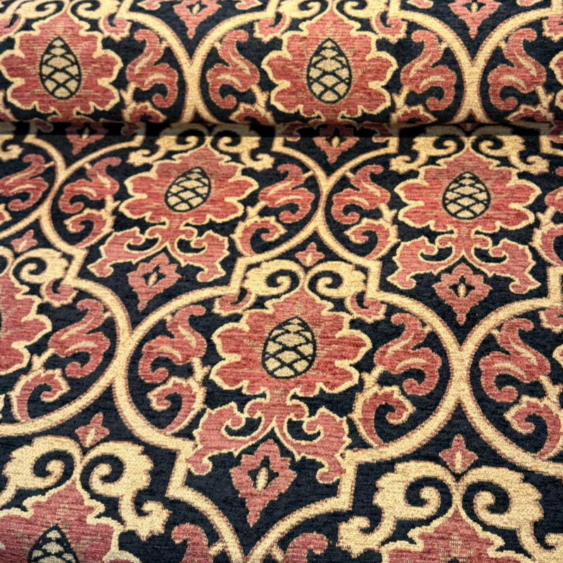 Samad Chenille Upholstery Fabric - Crimson Red Black Medallion, 56" Width (1 Yard)