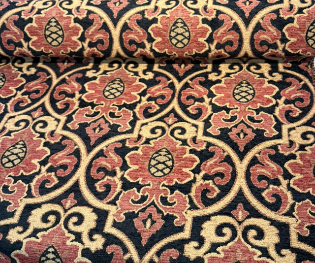 Samad Chenille Upholstery Fabric - Crimson Red Black Medallion, 56" Width (1 Yard)