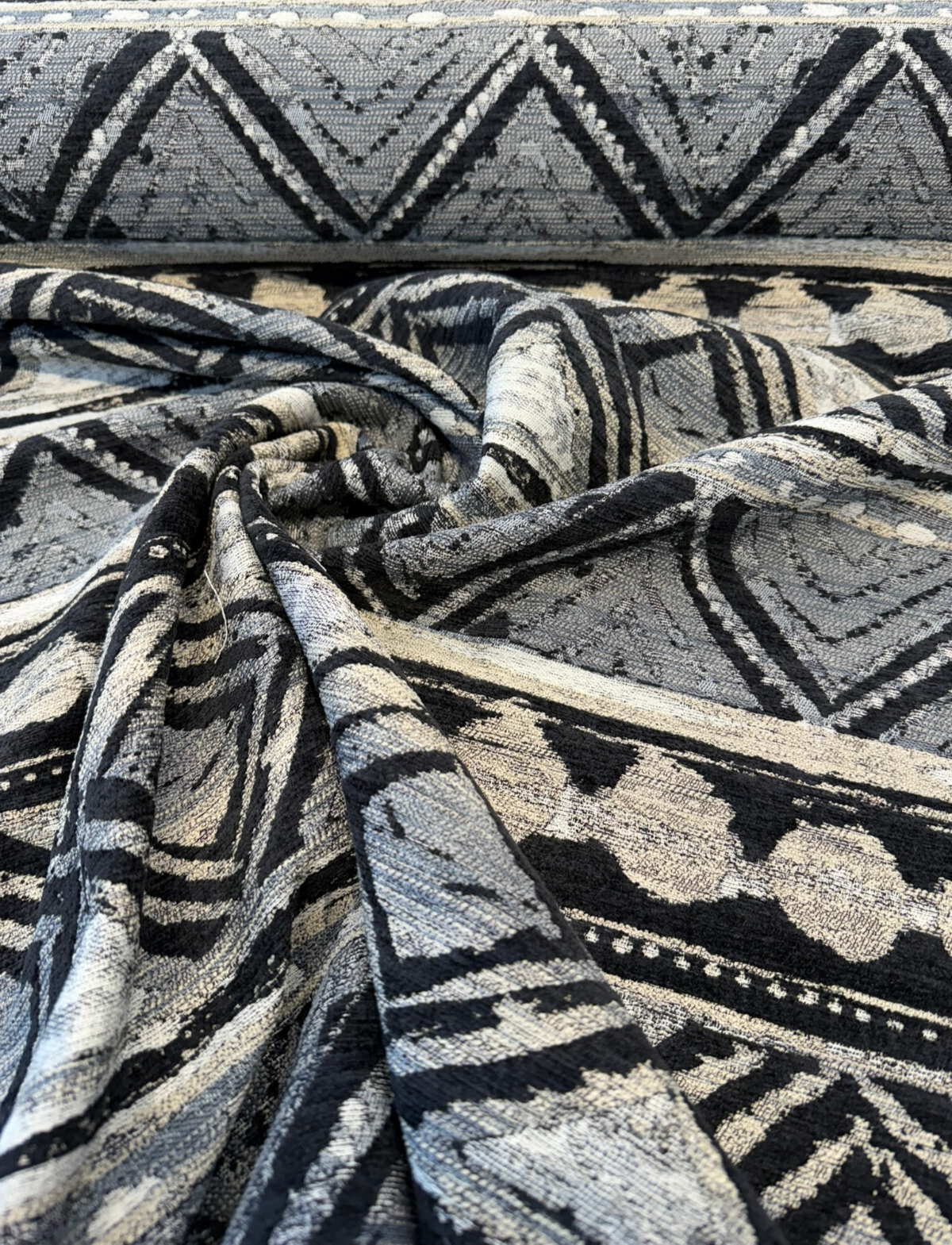 Swavelle Tribal Nunatak Chenille Upholstery Fabric - Black Storm Tribal Stripe, 57" Width (1 Yard)