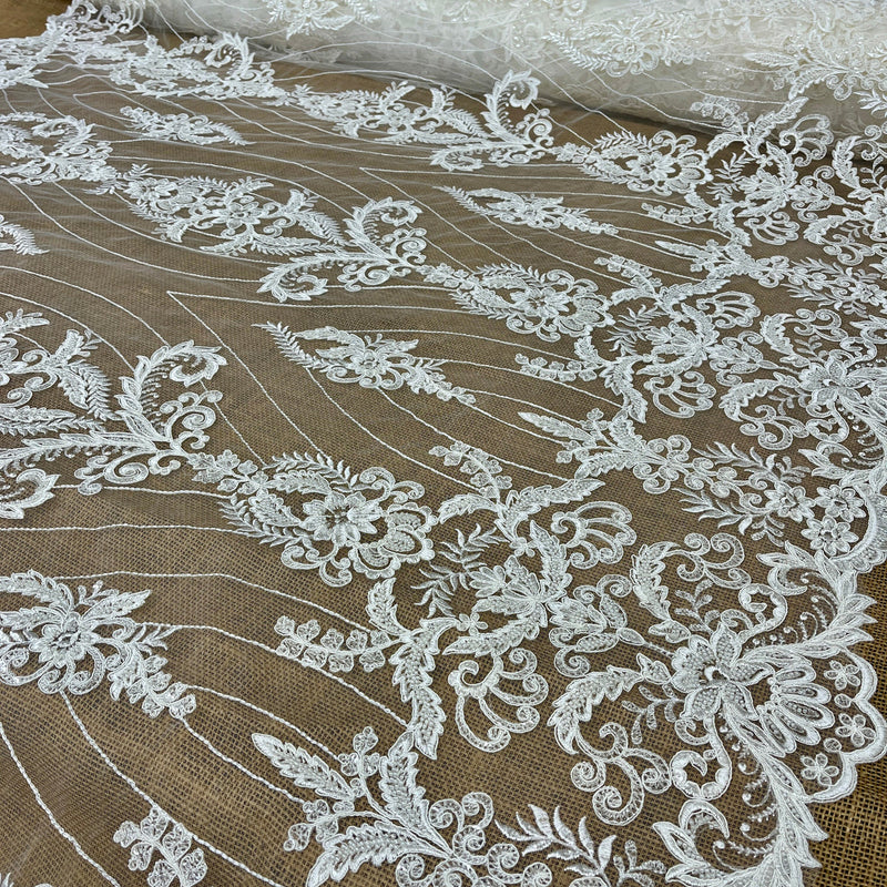 1 Yard Elegant Beaded & Corded Embroidered Bridal Lace on Polyester Mesh, GD-55519