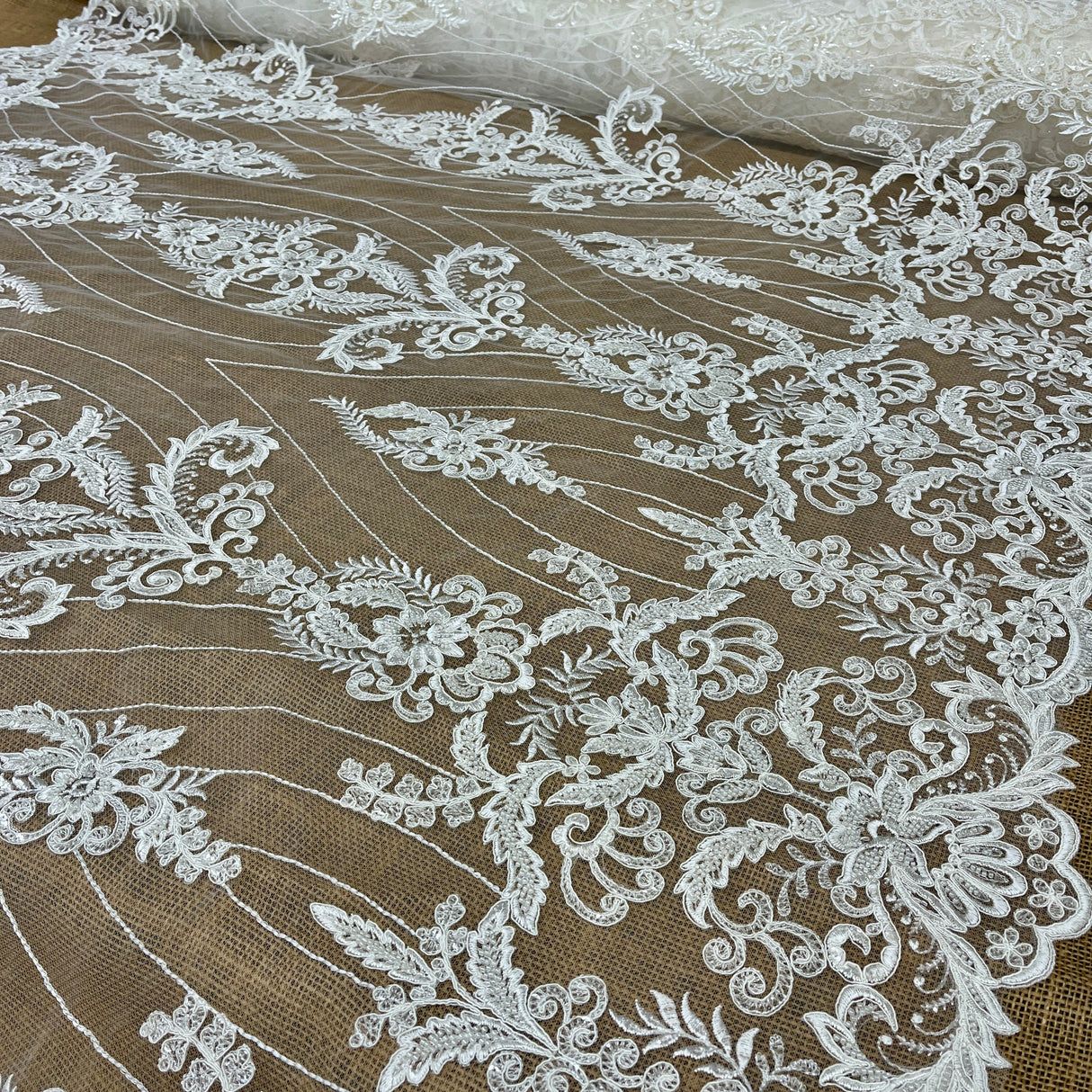 Beaded Corded Bridal Lace Fabric Dark Ivory 52" Wide