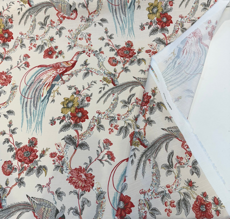 Waverly Olana Petal Paradise Birds Cotton Fabric - Paradise Birds, Coral Red, Golden Mustard, Soft Blue, 54" Width (By The Yard)
