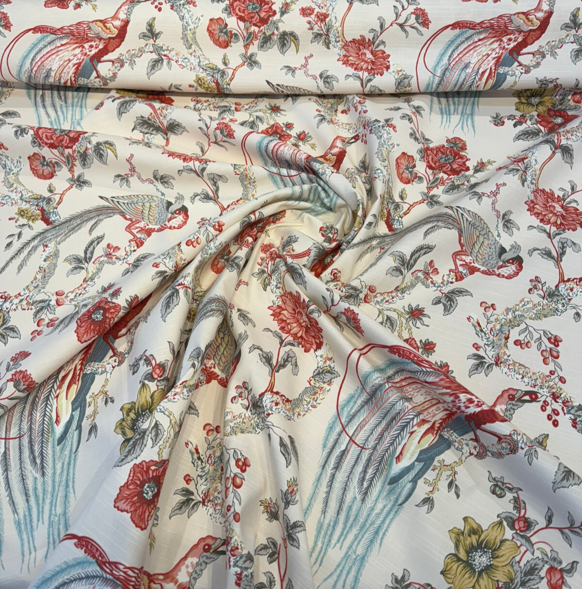 Waverly Olana Petal Paradise Birds Cotton Fabric - Paradise Birds, Coral Red, Golden Mustard, Soft Blue, 54" Width (By The Yard)
