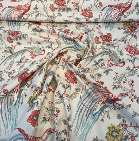 Waverly Olana Petal Paradise Birds Cotton Fabric - Paradise Birds, Coral Red, Golden Mustard, Soft Blue, 54" Width (By The Yard)