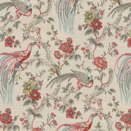 Waverly Olana Petal Paradise Birds Cotton Fabric - Paradise Birds, Coral Red, Golden Mustard, Soft Blue, 54" Width (By The Yard)
