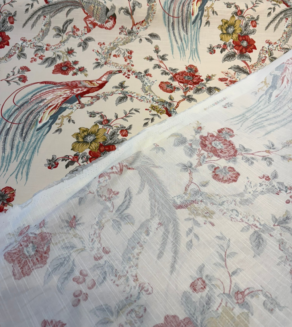 Waverly Olana Petal Paradise Birds Cotton Fabric - Paradise Birds, Coral Red, Golden Mustard, Soft Blue, 54" Width (By The Yard)