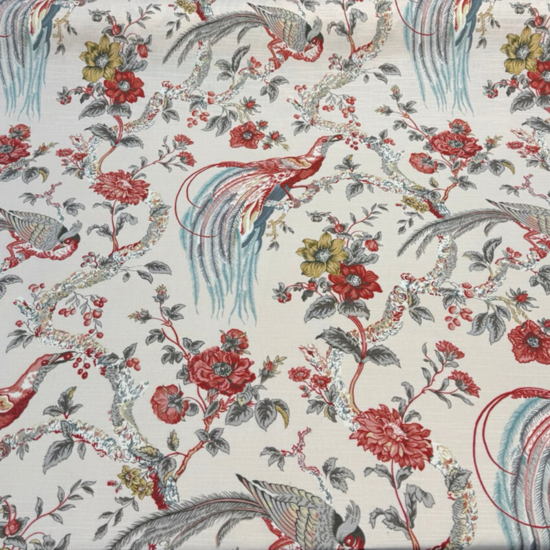 Waverly Olana Petal Paradise Birds Cotton Fabric - Paradise Birds, Coral Red, Golden Mustard, Soft Blue, 54" Width (By The Yard)