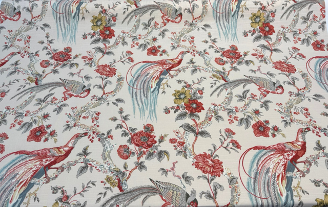 Waverly Olana Petal Paradise Birds Cotton Fabric - Paradise Birds, Coral Red, Golden Mustard, Soft Blue, 54" Width (By The Yard)