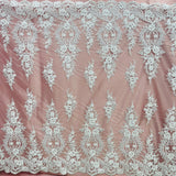 1 Yard Beaded and Corded Bridal Lace Fabric Embroidered on Polyester Net Mesh White and Ivory
