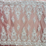 1 Yard White Beaded & Corded Bridal Lace Fabric, Embroidered Polyester Net Mesh, 54" Wide,