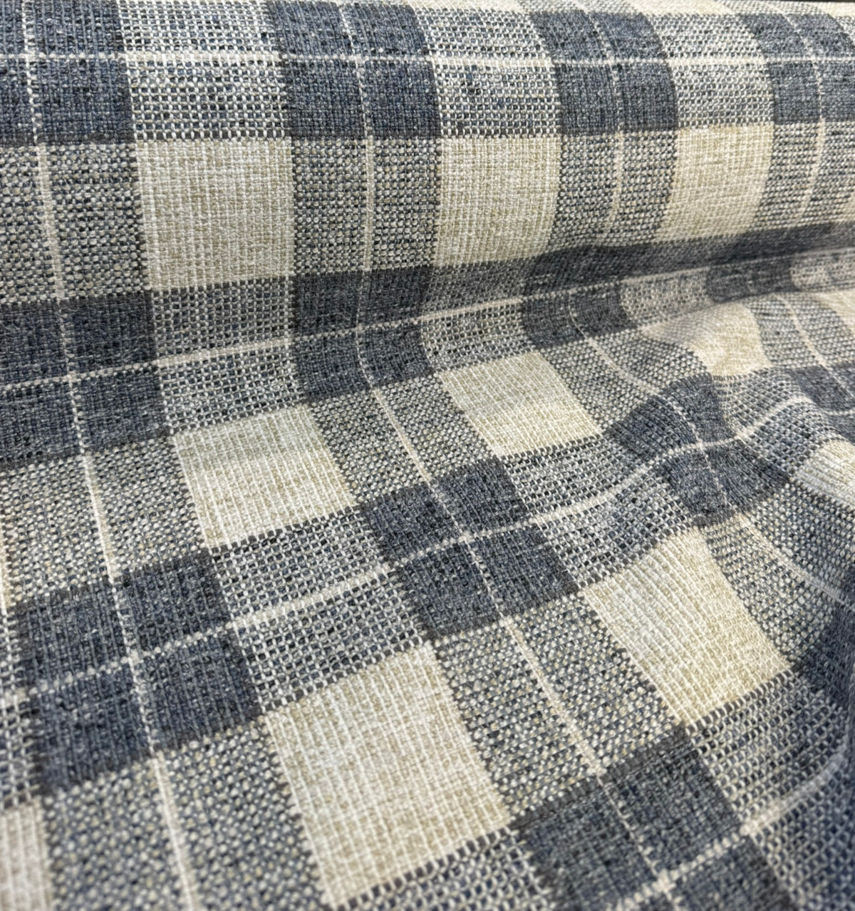 Carry On Atlantic Blue Checkered Plaid Polyester Fabric - Navy Blue/Cream Checkered Plaid, 54" Width (By The Yard)