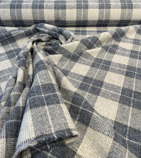 Carry On Atlantic Blue Checkered Plaid Polyester Fabric - Navy Blue/Cream Checkered Plaid, 54" Width (By The Yard)