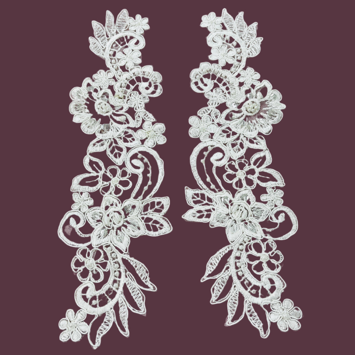 Beaded Corded Floral Lace Applique 10" x 3"
