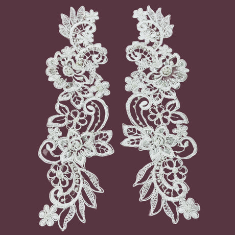Beaded Corded Floral Lace Applique 10" x 3"