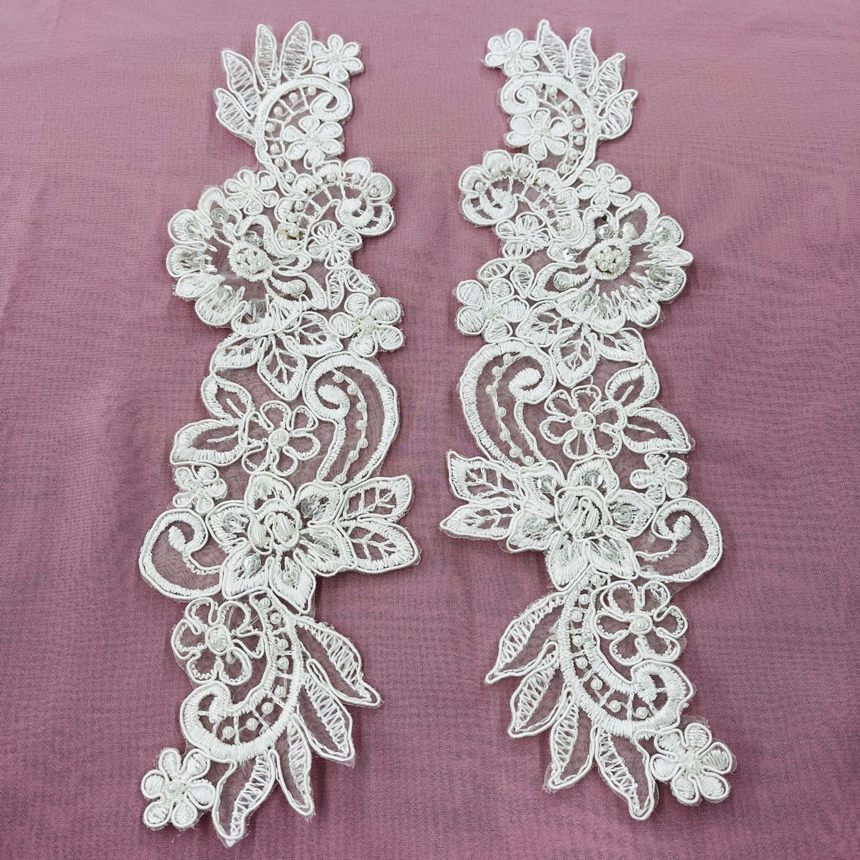 1 Pair 10" x 3" Each Side Beaded & Corded Floral Lace 100% Polyester Organza