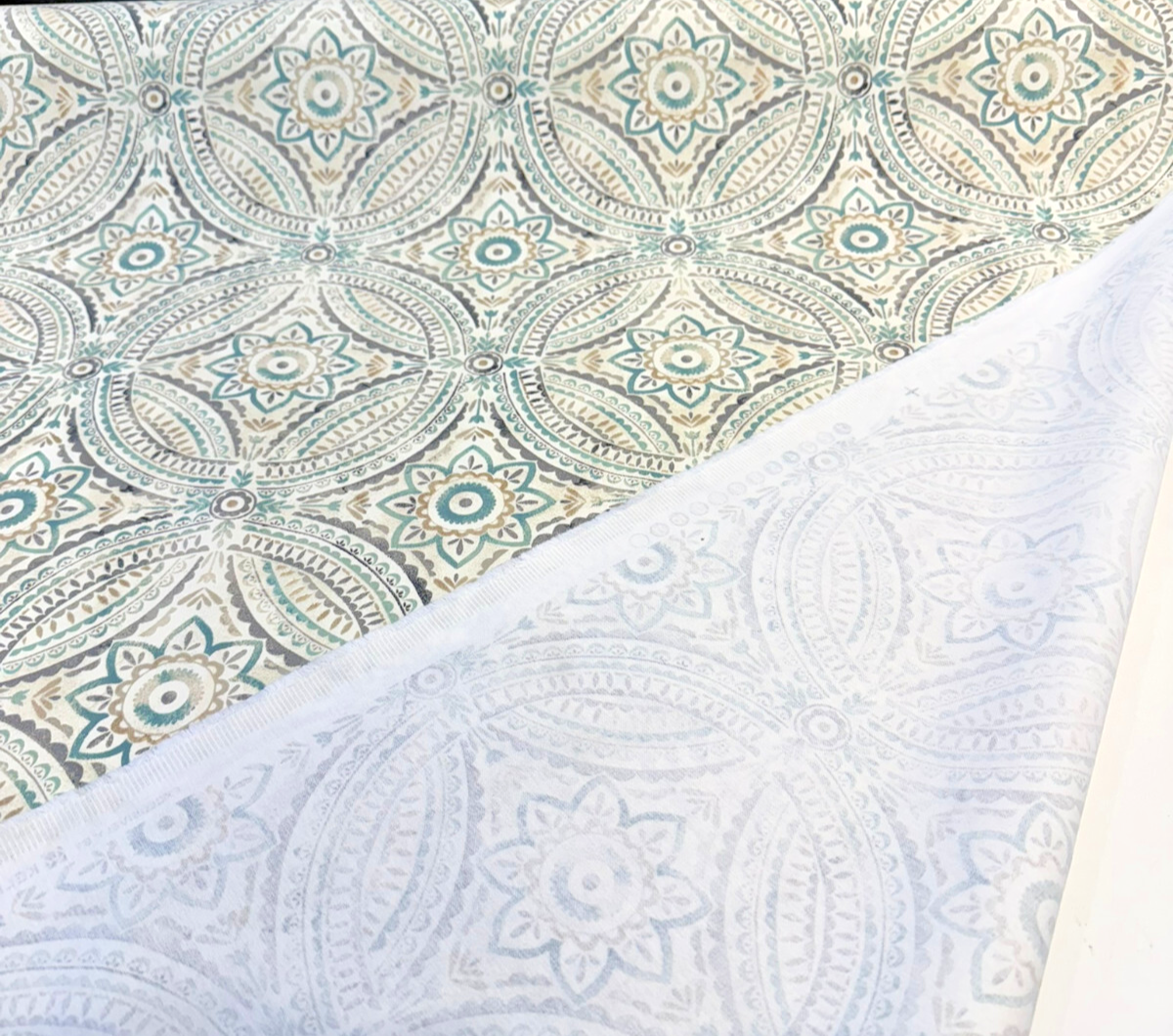 Blissfulness Spa Cotton Fabric - Aqua, Beige, Gray Medallion Print, 54" Width (1 Yard)
