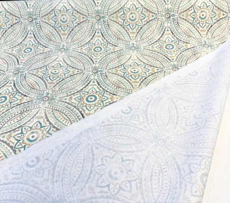 Blissfulness Spa Cotton Fabric - Aqua, Beige, Gray Medallion Print, 54" Width (1 Yard)