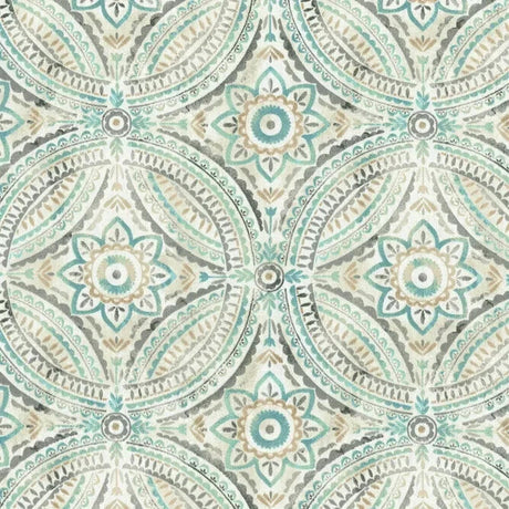Blissfulness Spa Cotton Fabric - Aqua, Beige, Gray Medallion Print, 54" Width (1 Yard)